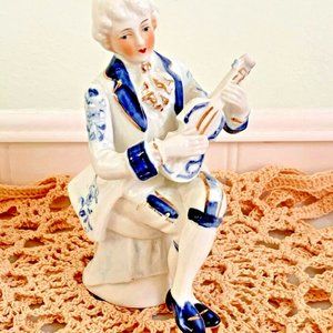 VTG Porcelain Figurine Blue White Man with Mandolin